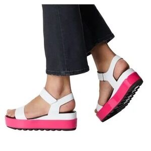 Sorel Women's Cameron Leather Punch Pink White Flatform Sandals Shoes SZ 7.5